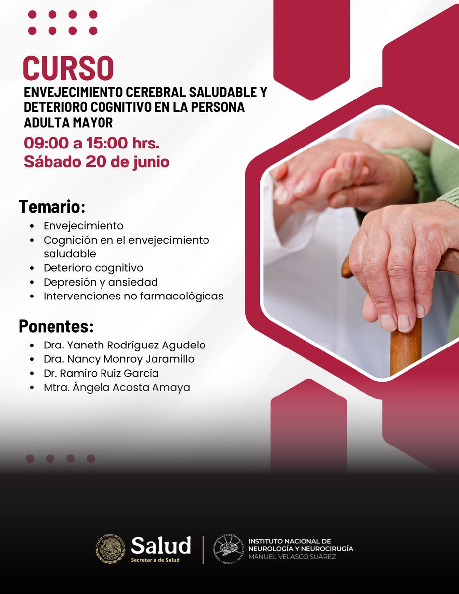 INNNMVS's tweet photo. 👩‍🏫👨‍🏫Nuestro Lab. de Neuropsicología Clínica invita al curso: Envejecimiento cerebral saludable y deterioro cognitivo en la persona adulta mayor.
📆 Sábado 20 de junio de 09:00 a 15:00 hrs.
👩‍⚕️👨‍⚕️ Modalidad presencial. Acceso libre.
🔎Regístrate en el Qr. https://t.co/nMGPDhwXjp