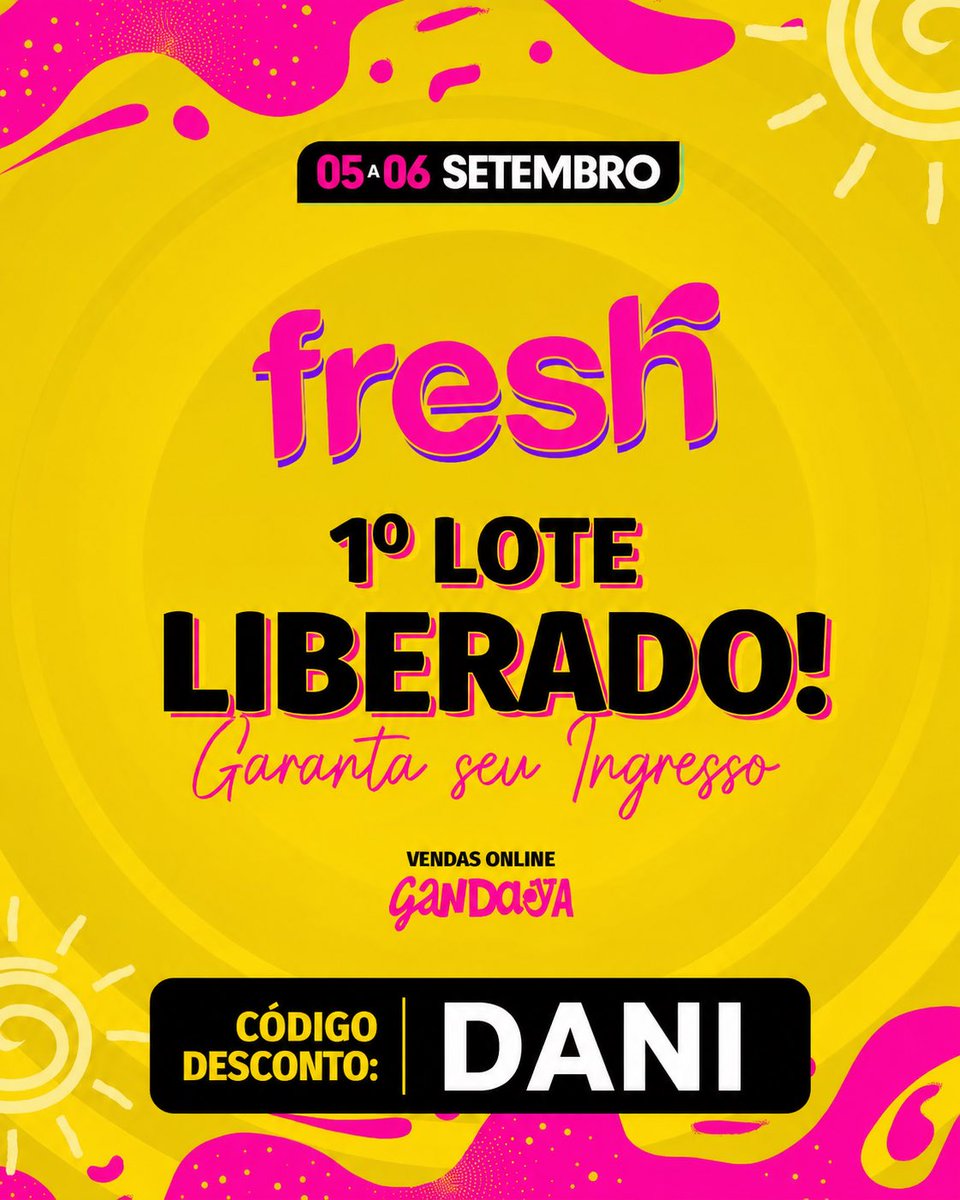 DaniQuintanilh1's tweet photo. *🎉🌴 FRESH FESTIVAL – 1º LOTE LIBERADO! 🌴🎉*
📅 05 e 06 de Setembro
📍 Local em breve. 

Chegou a hora de garantir sua presença em um dos eventos mais aguardados do ano! 🔥

🎤 Artistas já confirmados:
🔥 Gottinari
🔥 Mitsunari
🔥 Pedro Sena
🔥 Crazy Box
🔥 & Muito mais. 

🎟️ 1º LOTE LIBERADO
💥 Não deixe para depois e aproveite os melhores valores agora!

*🎫 CÓDIGO DESCONTO: DANI*
🔗Link com desconto: https://t.co/3oWbSSGcij

🗒️Agenda Completa:
https://t.co/J6b55eoQEa

#Fresh2025 #FreshFestival #Gottinari #Mitsunari #PedroSena #CrazyBox #CodigoDANI #Desconto #Ingressos #Festival #RoleImperdivel 🎶🔥🍹🌞