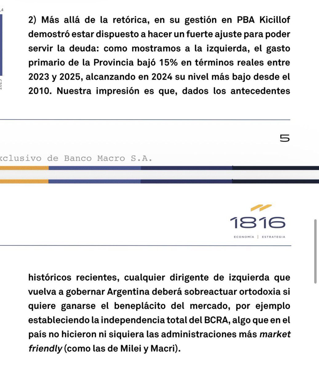 santiibattista's tweet photo. Como destaca en su (prematuro) informe 1816, la PBA tuvo que hacer un gran ajuste fiscal para no quebrar.

Una cagada total porque el contexto los obligaba pero si no tenés capacidad de financiar un déficit (como le pasa a Arg) no hay otra.  

Los ajustes no se hacen por “agradar a los mercados”, que más quiere un gobernante que aumentar su gasto porque es la forma más rápida (en el corto plazo) de aumentar el ingreso disponible y, en consecuencia, que la gente te quiera.

Sin embargo a veces se puede hacer y otras veces no. Hay restricciones que son imposibles de sortear por más voluntad, discurso o creatividad que exista. 

A nivel provincial un gobierno nacional  te puede ahogar limitando las transferencias, con un modelo que ajusta la educación y salud cargando a las provincias y reduciendo el consumo masivo e industria, haciendo que la recaudación por coparticipación (sobretodo IVA) caiga sistemáticamente, entre otras.

A nivel nacional la propia economía a veces te permite expandir el gasto y a veces no. Pero OJO sí lo tenés que PRIORIZAR bien. Como distribuir la carga del ajuste en el gasto (jubilados de la mínima y regímenes especiales por ejemplo) y de ingresos (cargar a los más ricos en vez de reducir impuestos patrimoniales) es determinante para que un proceso sea virtuoso y no sea este proceso recesivo para las grandes mayorías y de crecimiento para minorías.

El caso no es para demonizar ni para decir que es el ideal, es para ejemplificar que la responsabilidad fiscal es una condición necesaria pero no suficiente para que haya un proceso económico que funcione. 

La ley de gravedad es una cagada, a mi me gustaría poder volar pero si no me subo a un avión me es imposible…