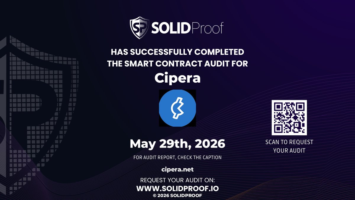 solidproof_news's tweet photo. We have finished the smart contract audit process for @cipera_official🛡️

📷Check our findings and security score here: https://t.co/AsUcmHiYqP

Need a Smart contract audit, KYC or development support? Send us a message, our sales team will gladly make a customized offer for you! https://t.co/ebmnJmFVy3