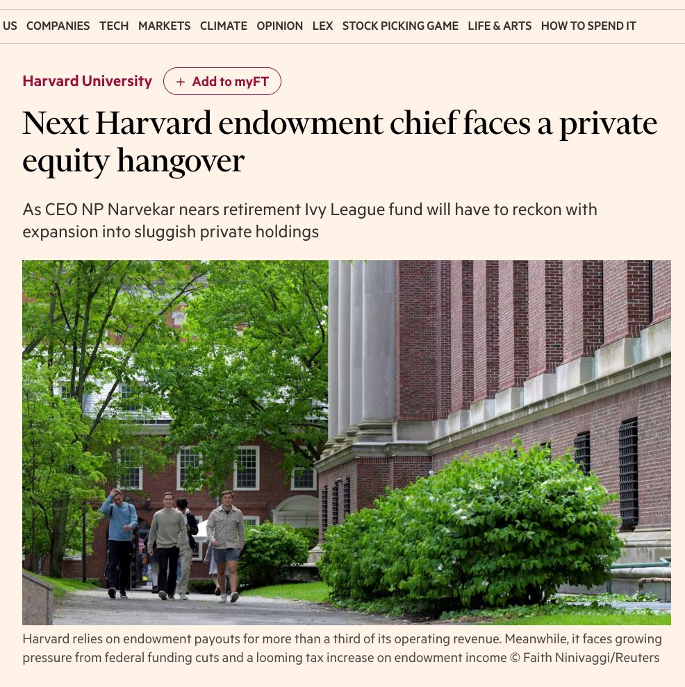 LeylaKuni's tweet photo. Harvard endowment: 

2017: 16% allocation to private markets

2025: 41% allocation to private markets, $1.7B in cash against $7.9B in unfunded commitments, and no distributions in sight

And the real pickle: to raise cash, they can either

- sell LP stakes in the secondary market (at a discount, which will drag returns down) 

- sell some liquid positions (which will increase private markets exposure due to the denominator effect) .. 

.. neither of which is a great option