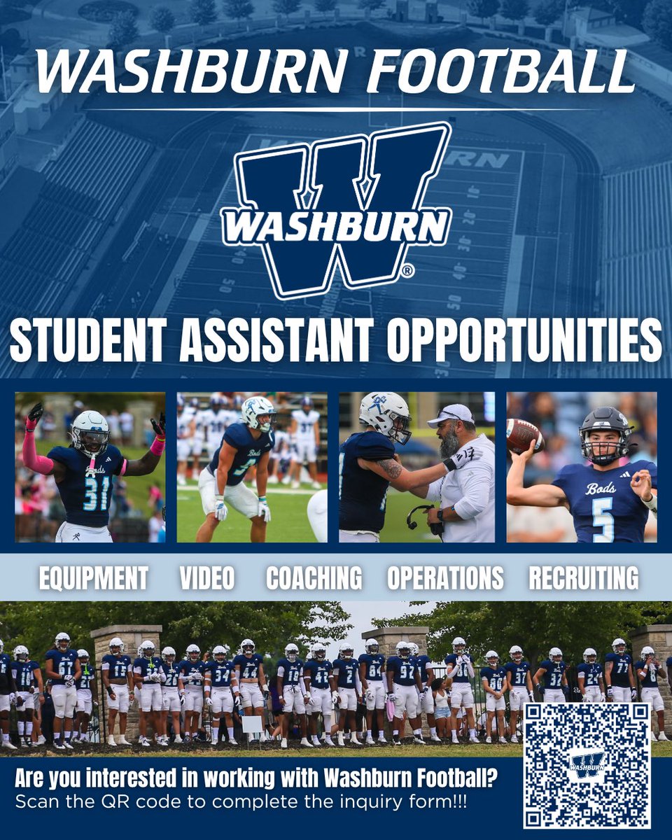 IchabodFTBL's tweet photo. Washburn Students! 

Washburn Football has open Student Assistant positions! 

Scan the QR code and fill out the questionnaire if you are interested! 

#GoBods

#BeTheStandard https://t.co/Rh3Ma8ja0g