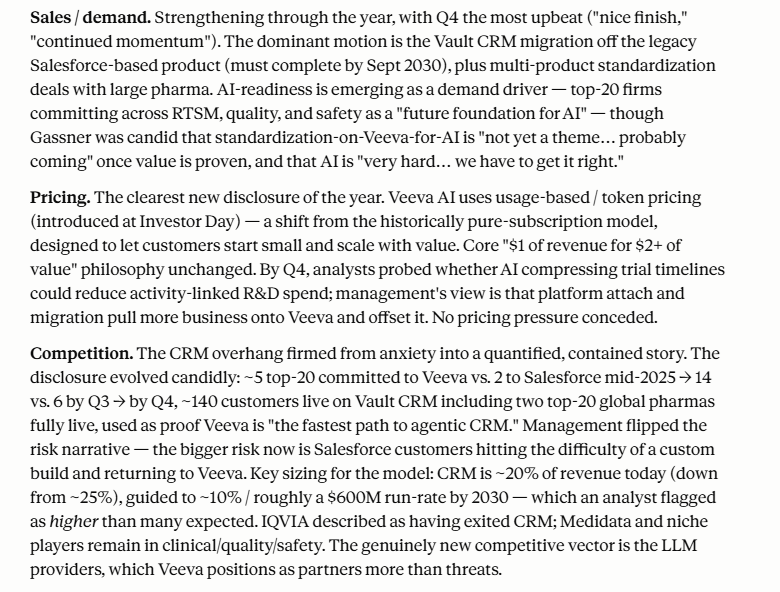 TechFundies's tweet photo. I don't know who needs to hear this but AGI is already here.

$FDS just made unstructured data available via MCP and I asked it to read four transcripts for $VEEV, update me on what's going on, tell me if the story is getting better or worse, and whether numbers are going up or down.

If this response isn't AGI, I don't know what is.  

Claude costs $240 / year.  $FDS MCP costs $1,500-2,500 / year.  

Claude has serious COGS underneath that $240.  $FDS MCP has de minimis incremental COGS.

And people are bearish on important SaaS with critical data?

Now I wonder if semis third deriv just turned negative...  If all the big LLMs hit AGI within the next 12 months, the focus might shift to efficiency pretty hard.