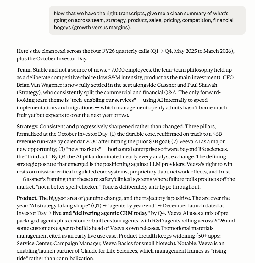 TechFundies's tweet photo. I don't know who needs to hear this but AGI is already here.

$FDS just made unstructured data available via MCP and I asked it to read four transcripts for $VEEV, update me on what's going on, tell me if the story is getting better or worse, and whether numbers are going up or down.

If this response isn't AGI, I don't know what is.  

Claude costs $240 / year.  $FDS MCP costs $1,500-2,500 / year.  

Claude has serious COGS underneath that $240.  $FDS MCP has de minimis incremental COGS.

And people are bearish on important SaaS with critical data?

Now I wonder if semis third deriv just turned negative...  If all the big LLMs hit AGI within the next 12 months, the focus might shift to efficiency pretty hard.