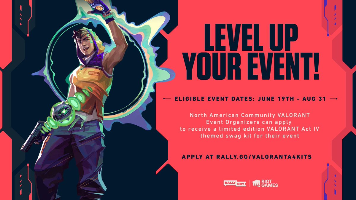 teamRallyCry's tweet photo. 📣 Calling all North American event organizers 📣 

Empower your next VALORANT community event through our VALORANT North America Community Event Support Program! Apply for a chance to receive a supply kit from Riot Games featuring special VALORANT-branded physical and in-game items

Eligible event period: Jun 19 - Aug 31
Apply: https://t.co/uwhovFH1NO
More Info: https://t.co/Xt6Ggrhjtg