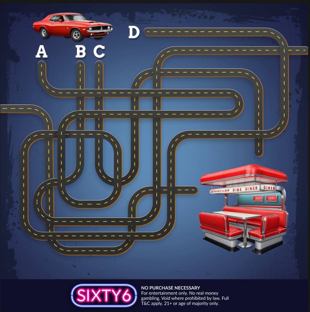 sixty6com's tweet photo. 🚗 Which Road Is Right?

The car wants to get to the diner 🍔
But only one road leads there.

Which one will it take?

🔹A
🔹B
🔹C
🔹D

💬 Follow the road and comment your answer below! #free #freegames #freeplay

https://t.co/xS70LjyVdf https://t.co/hvU2P0Z0yn