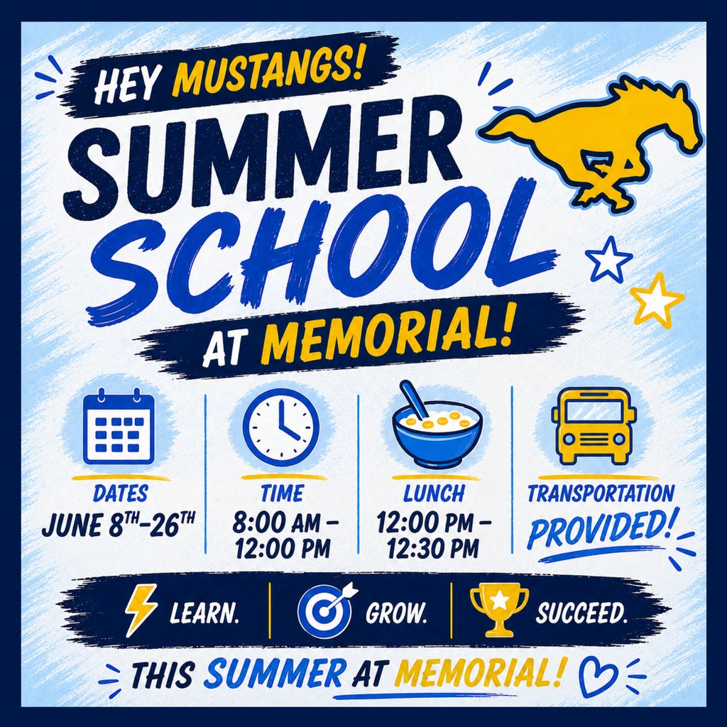 McAllenMemorial's tweet photo. 🩵☀️🎓 Summer School at Memorial Starts June 8! 🎓☀️💛

Mustangs, this is your opportunity to earn credits, stay on track for graduation, and start the 2026-2027 school year strong! 💛

#WeAREMemorial https://t.co/ywkzhDf5w3