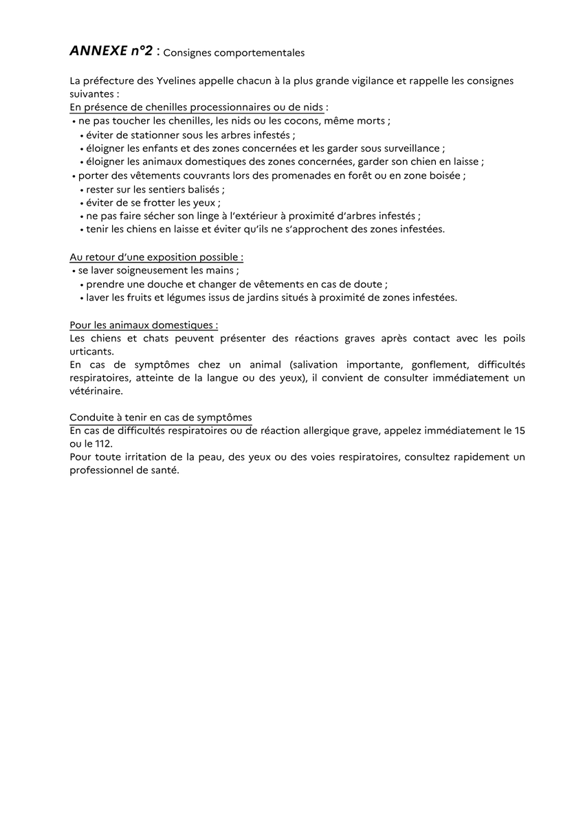 Prefet78's tweet photo. 🚨Fermeture temporaire de plusieurs secteurs de la forêt de Rambouillet🚨

Face à une prolifération exceptionnelle de chenilles processionnaires du chêne, le préfet des Yvelines a pris un arrêté interdisant temporairement l’accès à plusieurs zones du massif forestier jusqu’au 1er juin inclus.

🚫 L’accès, la circulation et la présence du public sont interdits dans les zones concernées, y compris sur les sentiers de randonnée et à l’intérieur des parcelles forestières.

📍 Communes concernées :
• Rambouillet
• Vieille-Église-en-Yvelines
• Sonchamp
• Clairefontaine-en-Yvelines
• La Celle-les-Bordes
• Le Perray-en-Yvelines
• Les Bréviaires

ℹ️ À noter : Les routes nationales, départementales et communales restent ouvertes à la circulation.

Les chenilles processionnaires présentent un danger en raison de leurs poils urticants, susceptibles de provoquer irritations, réactions allergiques ou difficultés respiratoires.

Des opérations de traitement et de sécurisation sont actuellement menées par les services de l’État, l’ONF et les acteurs concernés pour éliminer les nids et sécuriser les zones les plus touchées.

👉 Il est recommandé :
• de ne pas toucher les chenilles, les nids ou les arbres infestés ;
• d’éviter les secteurs forestiers concernés ;
• de garder les enfants et les animaux éloignés ;
• de porter des vêtements couvrants ;
• d’éviter de se frotter les yeux et de bien se laver les mains après une promenade.

#Rambouillet #Yvelines #Forêt #ChenillesProcessionnaires #Prévention #Sécurité

+ d'infos 👇