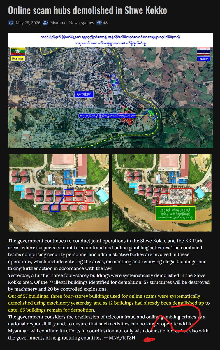 sheehanj920's tweet photo. the Myanmar regime has now announced that 77 buildings have been designated for demolition in Shwe Kokko: https://t.co/SaB5hHMSfl

unclear current number demolished, since the article's text, math, &amp; media seem to give 3 different answers???: https://t.co/bzU1lIg8Dm