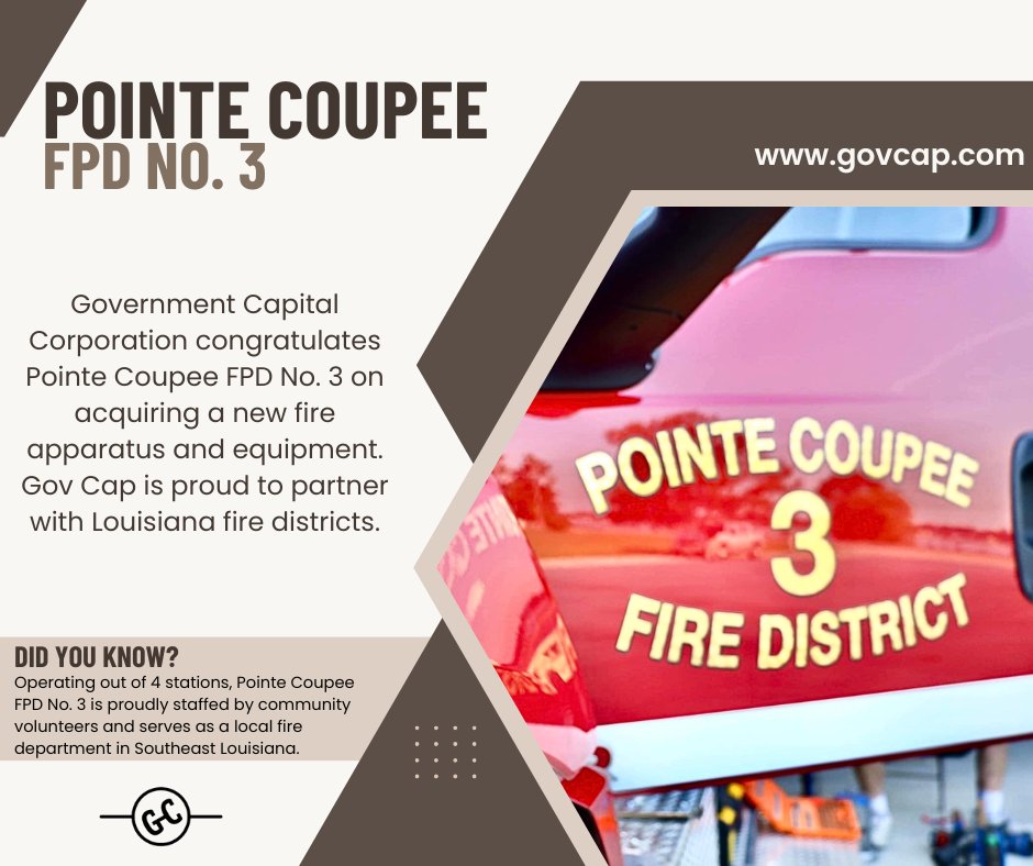 GovCapCorp's tweet photo. #Friyay! Today we're celebrating Pointe Coupee FPD No. 3 in Southeast Louisiana. Congratulations on the new fire apparatus and equipment! #financingsolutions #municipalfinance https://t.co/oswx7zRwQ3