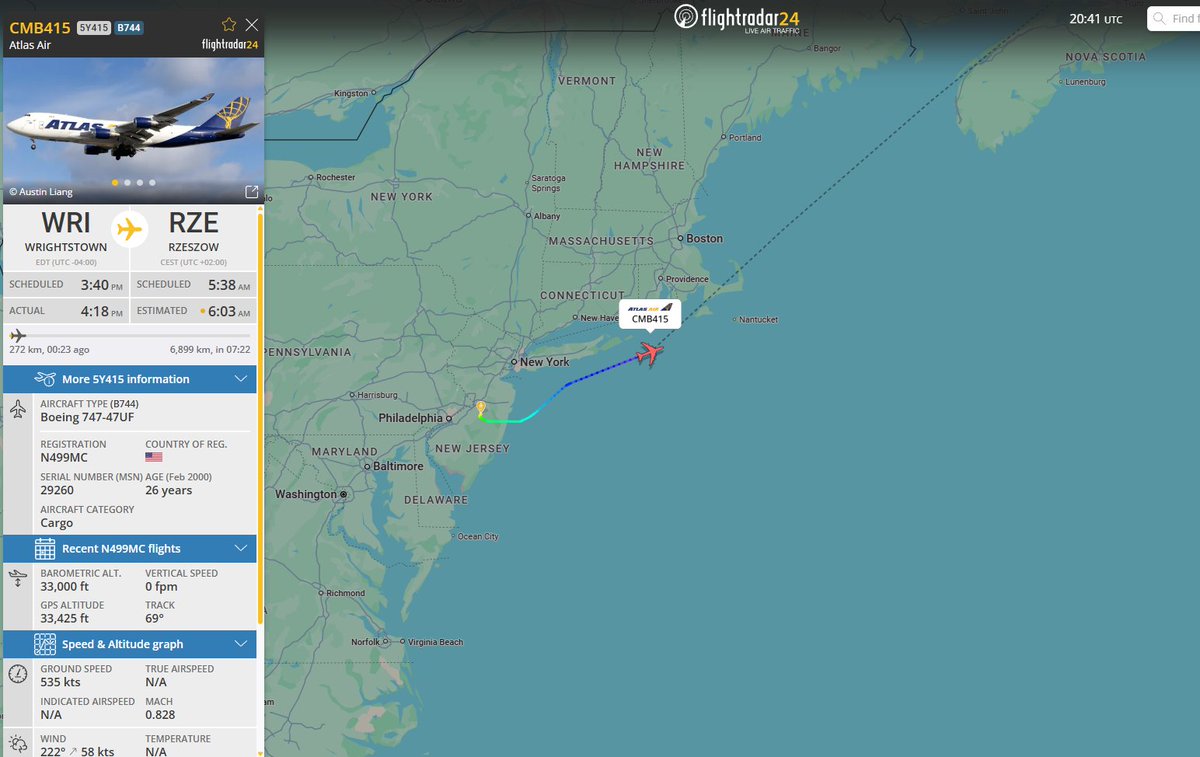 PolishMilRadar's tweet photo. 📅 29.05 🕘 22:42LT - 🇺🇸✈️ 747 Atlas Air w drodze do Rzeszowa 🇵🇱
Z Bazy Lotniczej McGuire #KWRI w Stanach Zjednoczonych 🇺🇸 wystartował niedawno ✈️ #CMB415 Boeing 747-47UF "N499MC" linii lotniczej Atlas Air 🇺🇸, który kieruje się na lotnisko w Rzeszowie Jasionce #EPRZ 🇵🇱. Lot wykonywany jest na zlecenie Dowództwa Transportu Sił Zbrojnych USA #USTRANSCOM 🇺🇸
🔗 https://t.co/pXyMA6yHHP
#POLMILRADAR