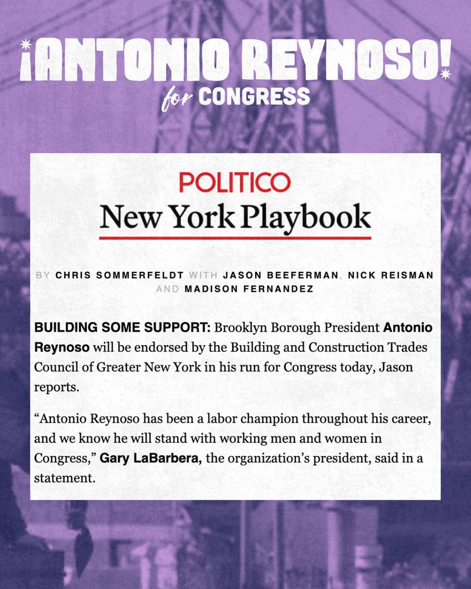 ReynosoBrooklyn's tweet photo. I’m honored to have the support of the @NYCBldgTrades. Our city was built by people like them who put their lives on the line to create our homes, schools, and infrastructure. In Congress, I’ll fight to make sure their work is respected, their rights are protected, and good union jobs continue to create pathways to the middle class.