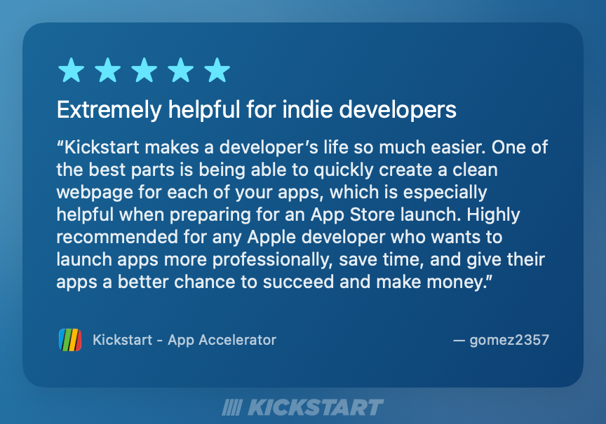 twostraws's tweet photo. ✅ "Kickstart makes a developer’s life so much easier."
✅ "The app is jam-packed with features and provides incredible value - even on the free tier."
✅ "I’m in awe of the depth and breadth of tools available."

Kickstart: the app that helps indie developers ship 😎 https://t.co/poAspwWVho