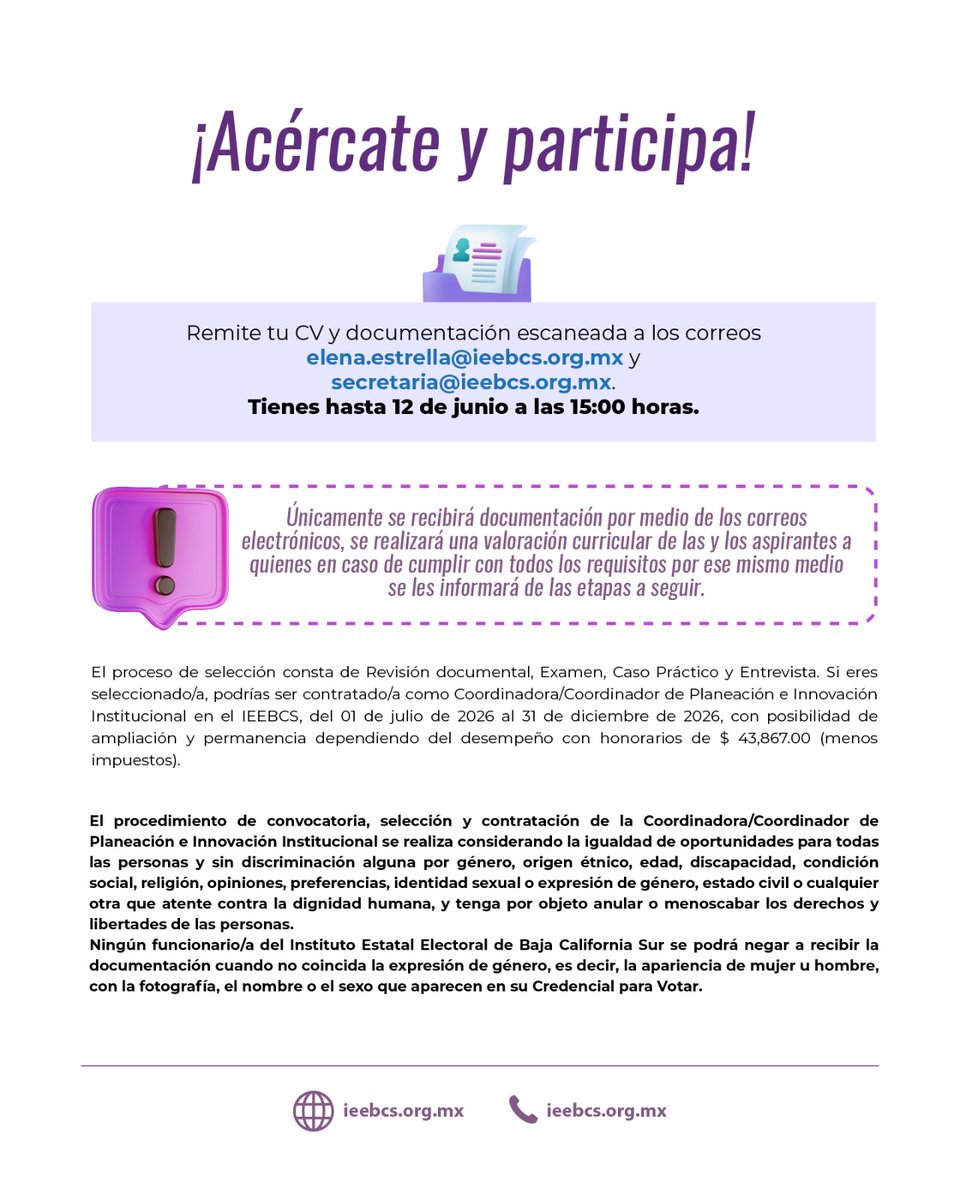 ieebcs's tweet photo. Únete al equipo del #IEEBCS como Coordinadora/Coordinador de Planeación e Innovación Institucional.
Tienes hasta el 12 de junio a las 15:00 horas para hacer llegar tu documentación.
 ¡No te pierdas esta oportunidad! https://t.co/tKZYaaI9MR