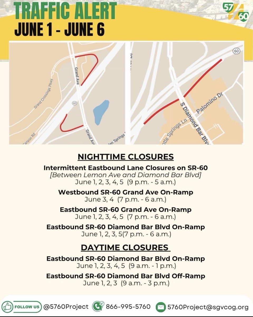 5760Project's tweet photo. 🚧 TRAFFIC ALERT: June 1–6 🚧 Nighttime &amp; daytime closures are scheduled for the SR-60, including lane closures and ramp closures near Grand Ave &amp; Diamond Bar Blvd. Plan ahead and expect delays. ⏳@DiamondBarCity 

 #TrafficAlert #SR57 #SR60 #DiamondBar https://t.co/D8YUn7HvTp