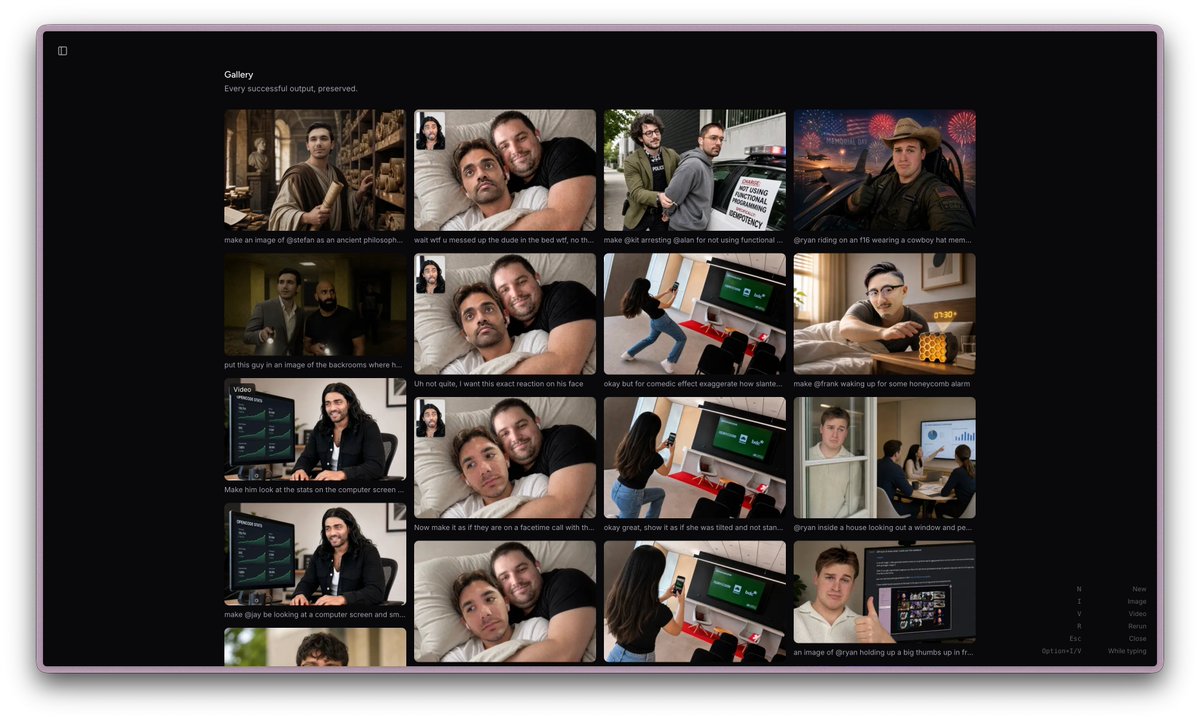 Screenshot of a dark internal gallery displaying a grid of generated team meme images