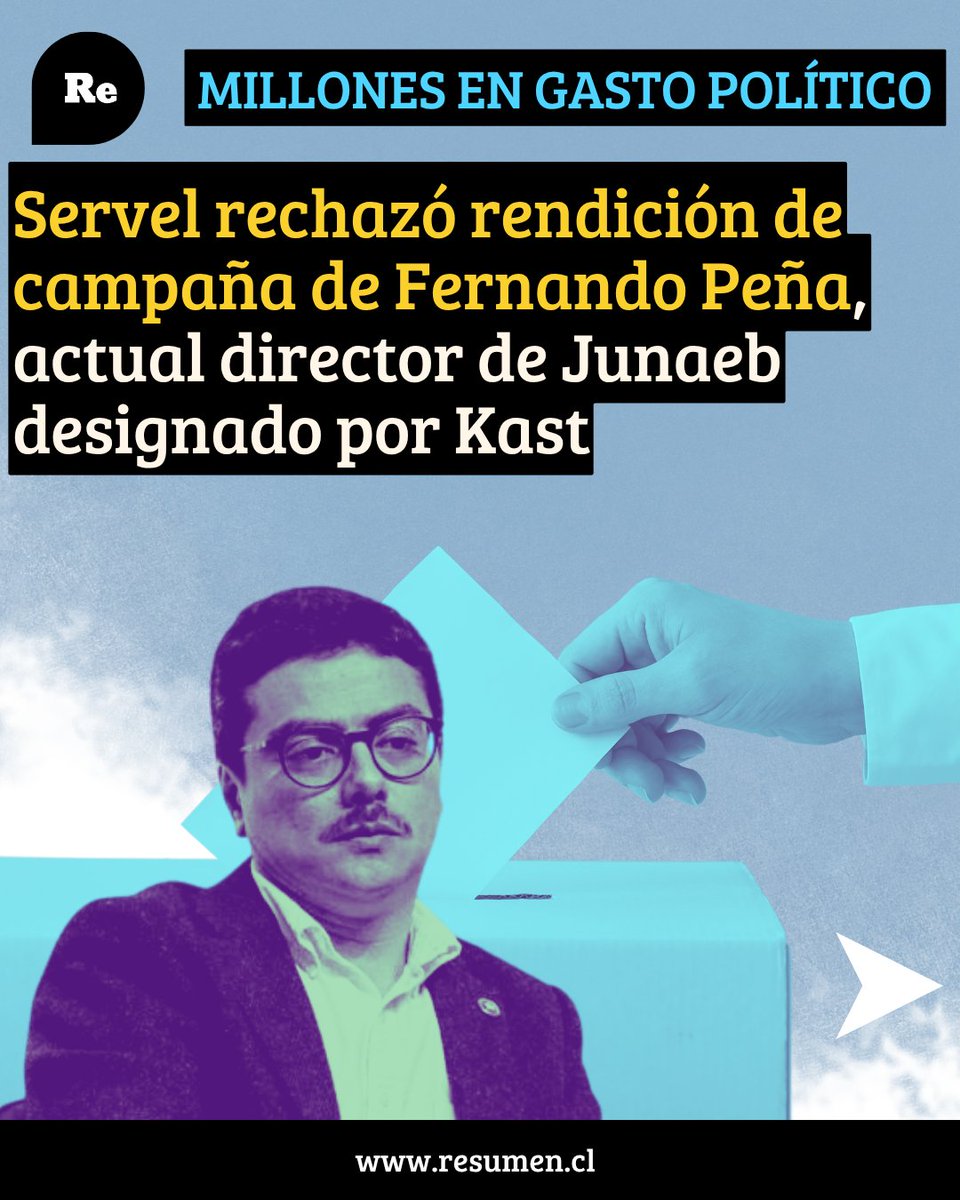 rsumen's tweet photo. 🔴El Servel rechazó la rendición de gastos de campaña del ex candidato republicano Fernando Peña, actual director de Junaeb designado por el gobierno de José Antonio Kast, tras detectar “omisiones graves” e inconsistencias en su cuenta electoral  🔹 https://t.co/2urvlTgiAF https://t.co/M3VYTe7onu