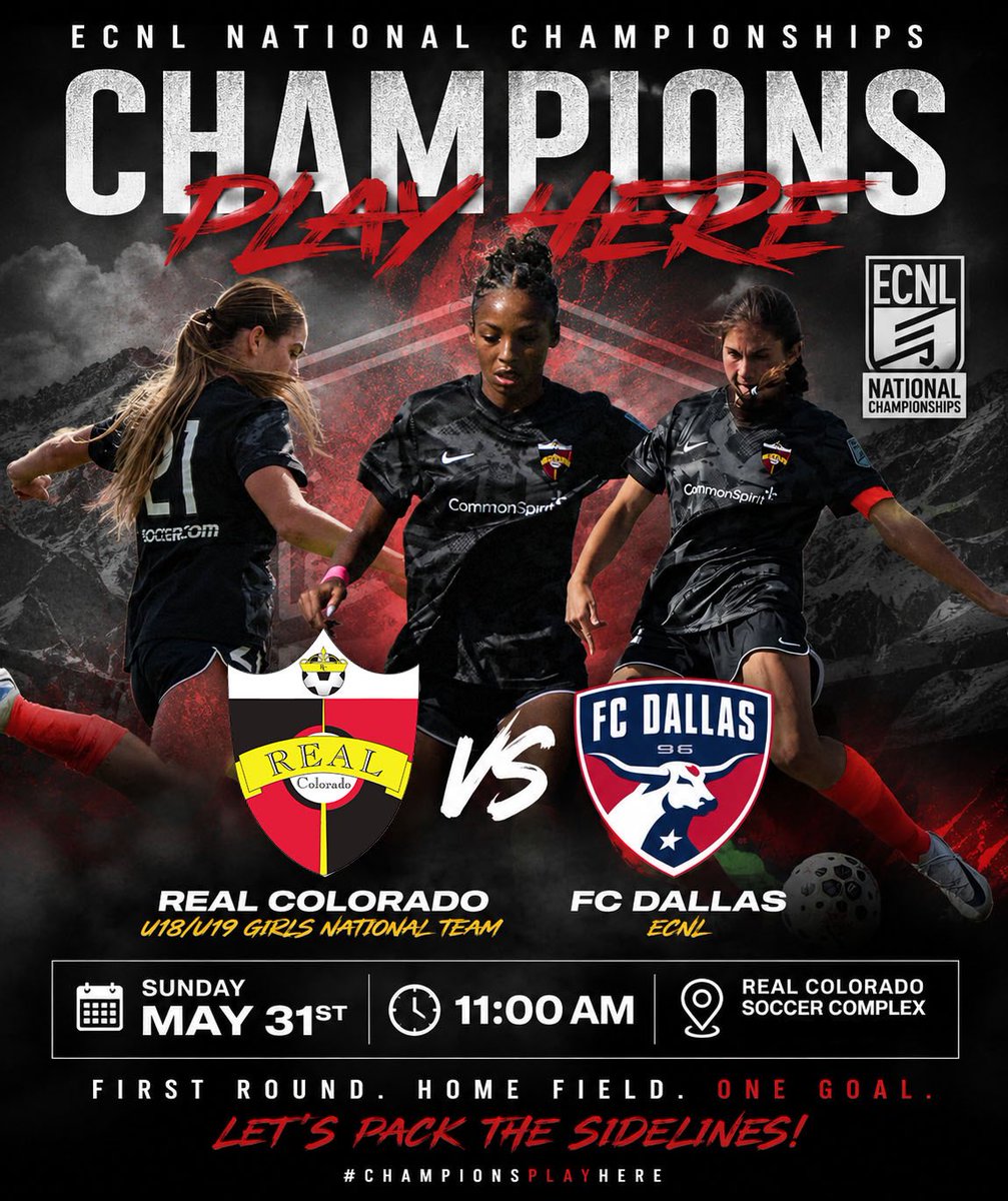 RealColoSoccer's tweet photo. Our defending ECNL Nat’l Champion 07/08 Girls Nat’l team hosts FC Dallas in the First Round of the ECNL Championships at the complex. Wear your Real colors, bring your teammates, family, and friends, and help us create a true home-field advantage. 🏆 Defend the Crown. #ThisIsReal https://t.co/vor5rWv0QX