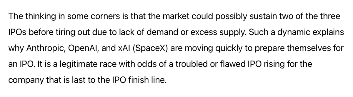 neilcybart's tweet photo. If it feels like there is a race under way when it comes to IPOs (SpaceX, Anthropic, OpenAI), there is legitimate fear out there that the market may not be able to get through all three IPOs. I wrote about this topic back in February. 

SpaceX is going to be first to an IPO in a few weeks. Anthropic has the inside track to be second with an IPO, likely in the fall. That would leave OpenAI exposed as the third IPO, possibly in early 2027. 

I would not underestimate second-order effects and second-order thinking related to this IPO race. 

Read more here: https://t.co/vBjfnl3QJs