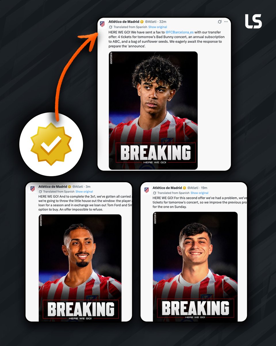 livescore's tweet photo. 🚨 Atlético Madrid’s 𝙤𝙛𝙛𝙞𝙘𝙞𝙖𝙡 X account posted a fake transfer announcement to prove how easy misinformation spreads online.

“Don’t believe everything you see, especially if it’s related to Barça.” 👀 https://t.co/NyF3wjntp4