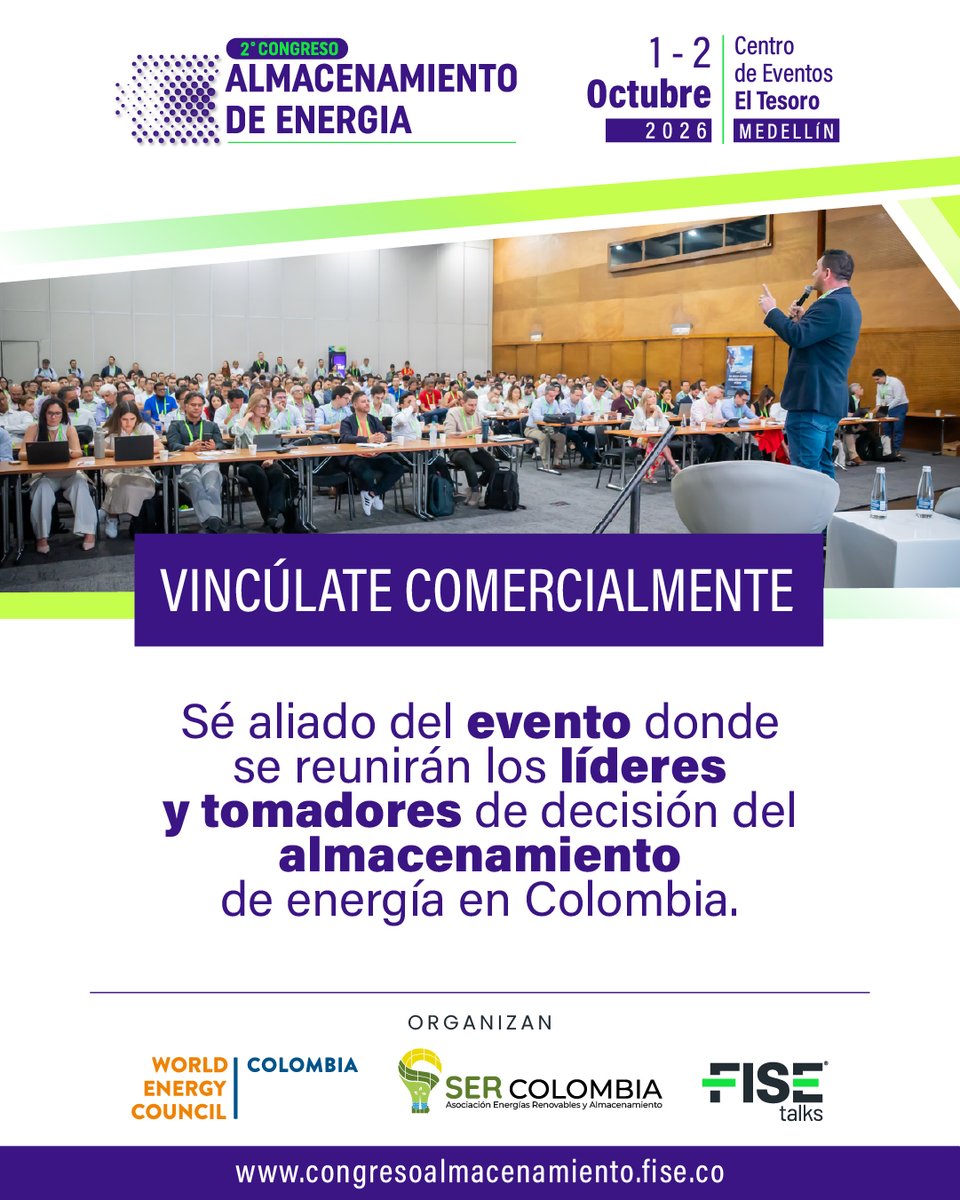 FISE_Colombia's tweet photo. ⚡El futuro del almacenamiento de energía se define en Medellín.

Súmate como aliado comercial al 2° Congreso de Almacenamiento de Energía; evento que marcará la agenda energética de la región. 🌎

📲 Contáctanos. https://t.co/WJg6TWjnXV