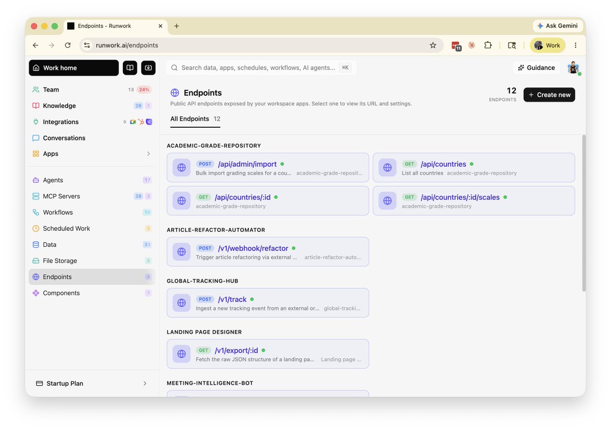 runworkai's tweet photo. and finally, Endpoints: a structured way to open your vibe-built things to the world.

public or authenticated, expose your apps / workflows / data as a webhook, an AI workflow API, whatever external systems need. https://t.co/NLXvPpRZY2