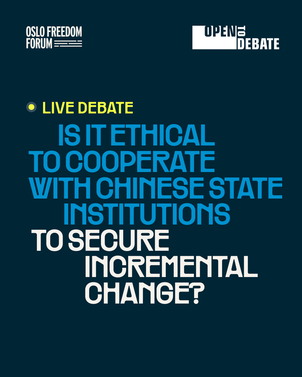 OsloFF's tweet photo. Is it ethical to cooperate with Chinese state institutions to secure incremental change?

As democratic governments, universities, companies, and civil society organizations grapple with how to engage China, a central ethical question persists: should cooperation with Chinese state institutions, which tightly control everything from education to commerce, be pursued as a pathway to incremental change, or does such engagement ultimately legitimize repression and undermine fundamental freedoms? This debate, hosted in partnership with @OpentoDebateOrg, brings together leading voices to examine the moral and strategic tradeoffs of engagement versus principled distance. Can working within constrained systems create meaningful progress, or are some compromises too costly to justify?

The debate features Isaac Stone Fish, the CEO and founder of Strategy Risks, a business intelligence firm which quantifies corporate exposure to China and helps companies and entities manage and reduce their China risk, and Joanna Chiu, managing partner at Nüora Global Advisors, where she helps companies navigate shifting technology, media, and geopolitical landscapes while doing business in Asia.