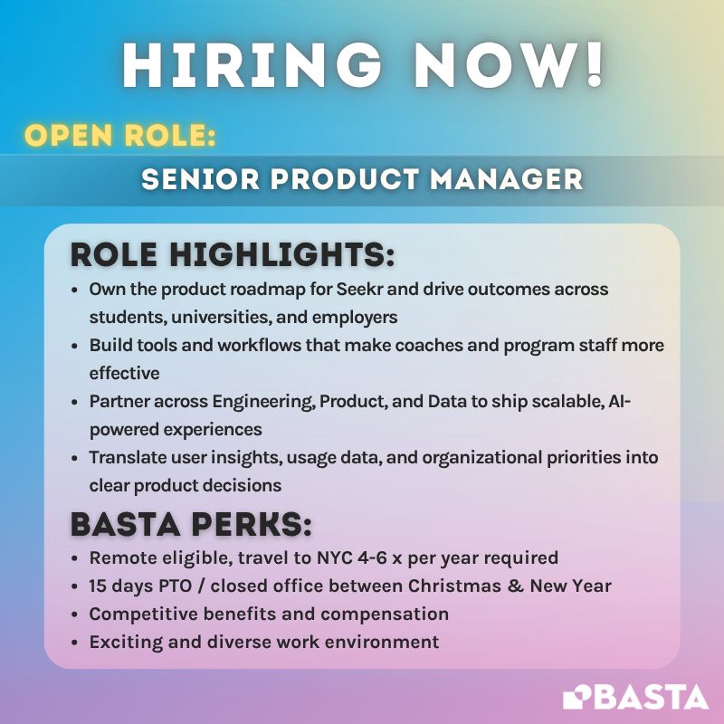 WordSparkDigi's tweet photo. BASTA is hiring a Sr. Product Manager! #Ad This leader will build tools and workflows that make staff more effective, alongside the student-facing features that drive outcomes.

Salary: $150,000 - $189,000
Location: Remote eligible, NYC preferred

Apply: https://t.co/HIu4elahvc https://t.co/F5ZVV5eVbr
