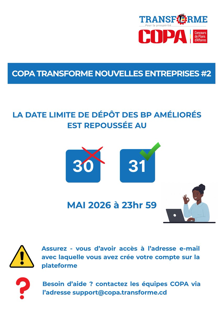 RdcTransforme's tweet photo. 🚨🚨🚨
COPA NE2: la clôture du dépôt du BP amélioré est reportée de 24 heures, soit le 31 mai à 23 heures 59.
Infos et assistance exclusivement sur la plateforme https://t.co/WDeWHObJl7 https://t.co/WELfMaBhks