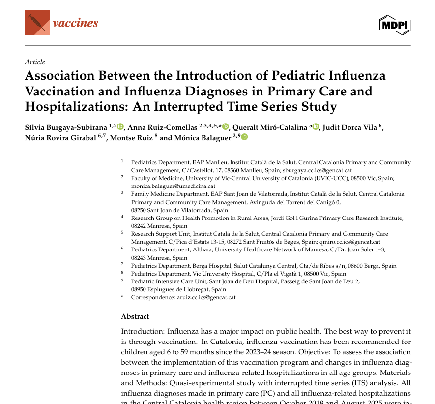 mRNAdeaths's tweet photo. "Study of an ENTIRE Spanish region (~400,000 people) found NO reduction in flu cases or hospitalizations after mass flu shot rollout to children 6 months to 5 years old." https://t.co/z8EVisPEE6