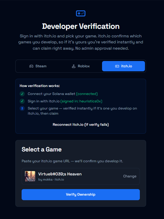 GameFundSol's tweet photo. Complete, we now offer full support for indie game developers.

You may link any game from https://t.co/oUIMZ5Ko23, and game devs can simply sign in with their account and claim directly.

https://t.co/KQhDAbRxLU https://t.co/tZ0zCxQTEU