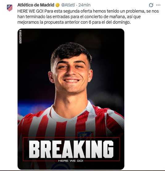 TigoSports_SV's tweet photo. #Viral | ATLETI SE BURLA DEL BARÇA 😯

🤔 En medio de los rumores sobre el fichaje de Julián Álvarez por el Barcelona, el Atlético de Madrid ocupó sus cuentas oficiales para bromear ofreciendo entradas al concierto de Bad Bunny y bolsa de pipas por las estrellas del equipo culé. 🤣