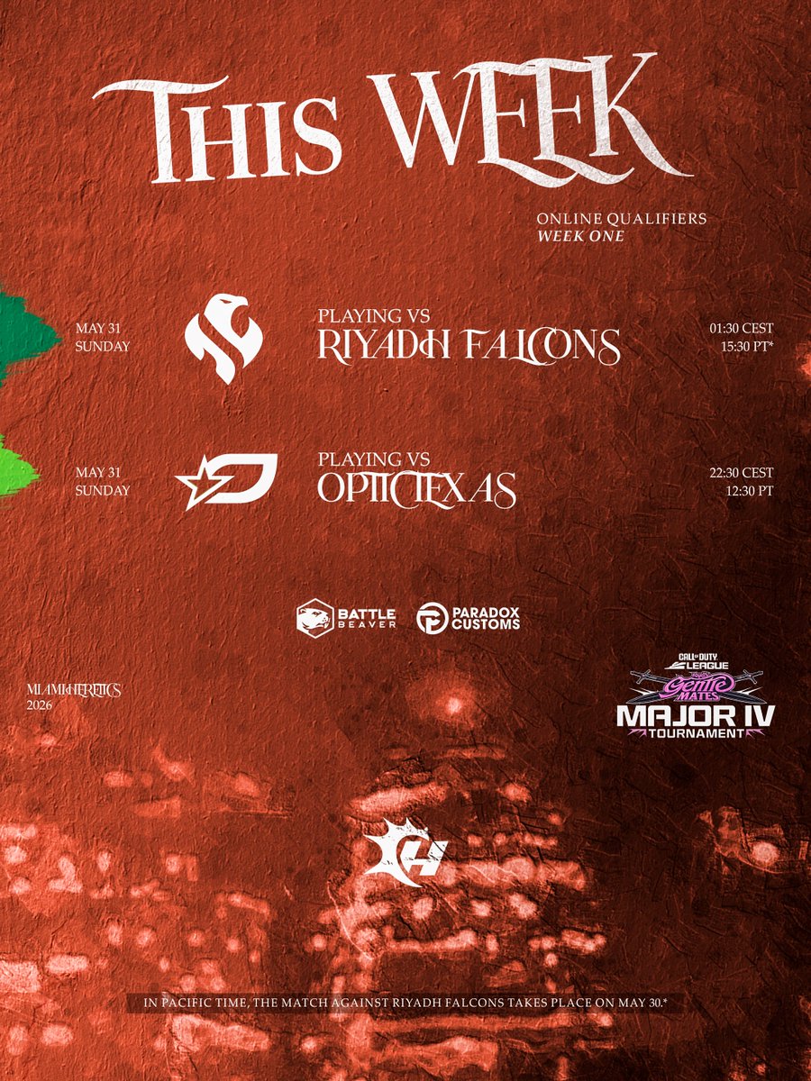 MiamiHeretics's tweet photo. The path to Paris begins tomorrow.

· Heretics vs Falcons | 7:30pm ET | 1:30pm CEST
· Heretics vs OpTic | 4:30pm ET | 10:30pm CEST

#TakeMyVamos https://t.co/H3MqHNfGNA