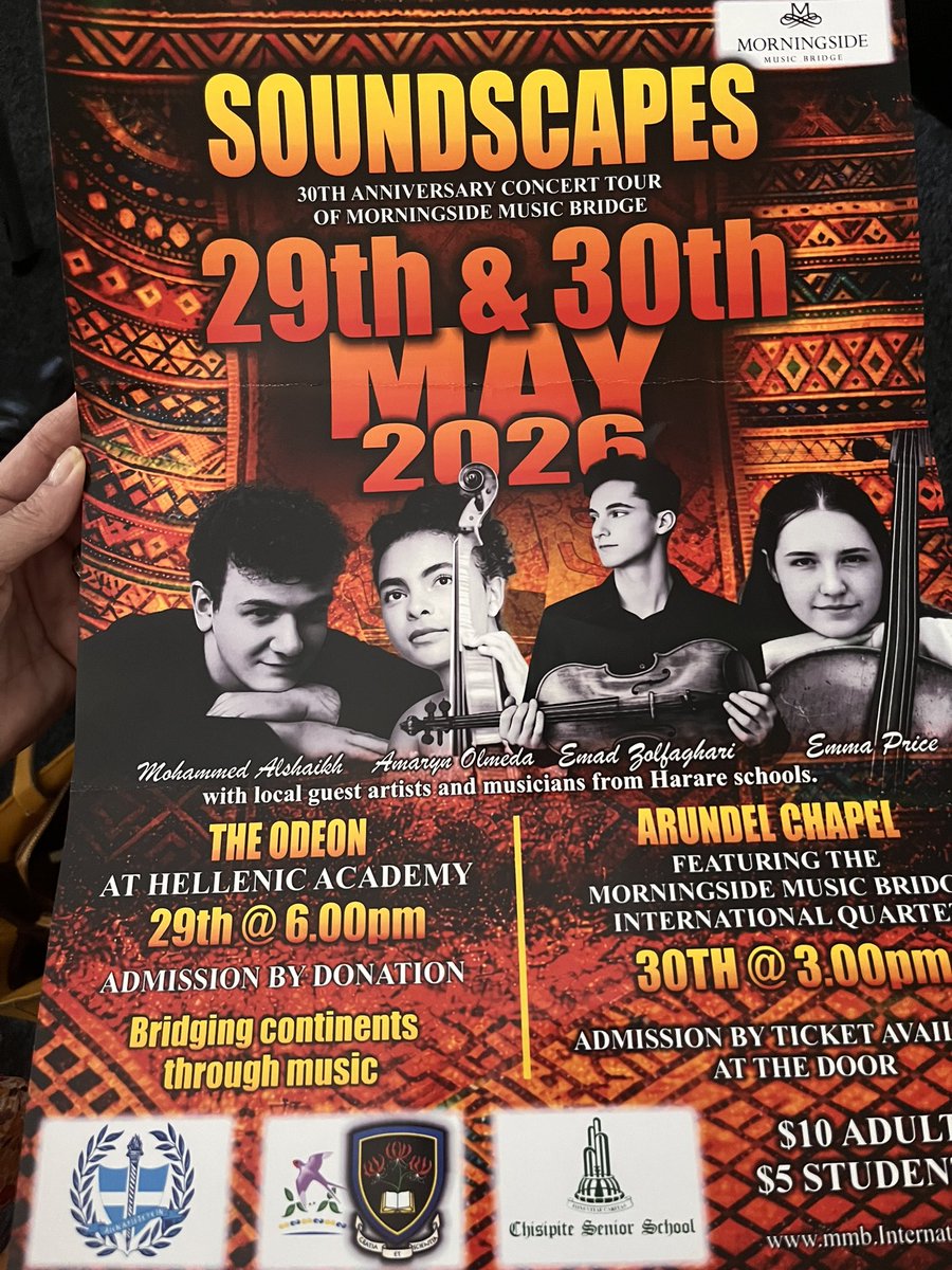 AbbotJo's tweet photo. Morningside Music bridging continents 🌎 through music, currently in 🇿🇼  
A privilege to listen to Soundscapes this evening  @Helleniczim Odeon in #Harare Another opportunity to see tomorrow Sat 30 May at Arundel Chapel at 3pm  🎶 🎹 🎻 🤝 
Not to be missed! https://t.co/jNIw4BqcR3