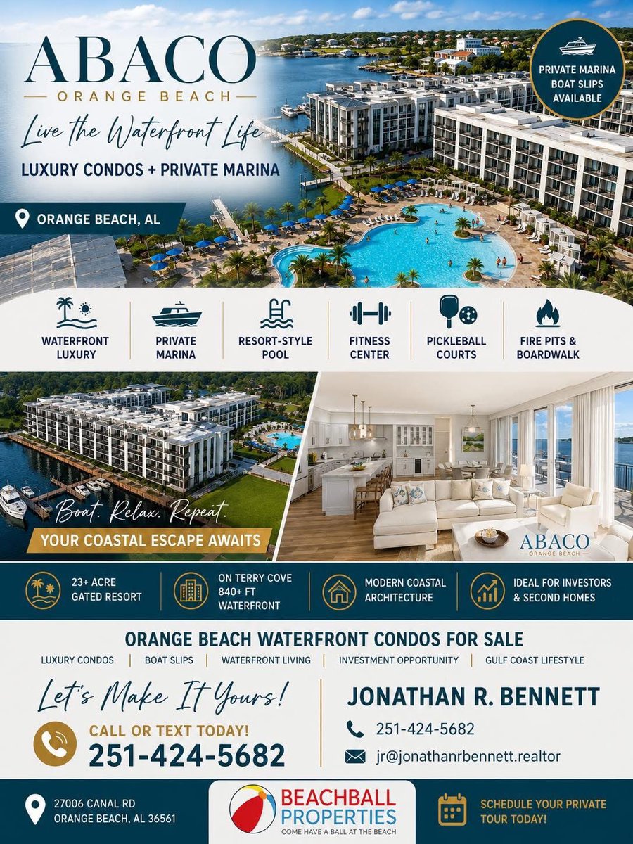 JonathanRBennet's tweet photo. ⛵️If you love boating and live anywhere near Orange Beach… this pre-construction opportunity is one for you!🌊

Abaco Orange Beach

📍 located at 27006 Canal Rd | Orange Beach, AL

📲 Call/Text Jonathan R. Bennett: (251) 424-5682

#OrangeBeachAL #AbacoOrangeBeach https://t.co/sqffYUazrm