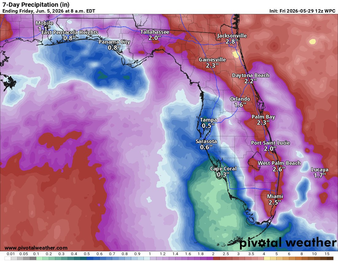 FloridaTropics1's tweet photo. Looks like those 8-10+ inches have evaporated for next week - will still be some decent rain for primarily eastern areas but not drought-busting. https://t.co/ik5pYrUw0s