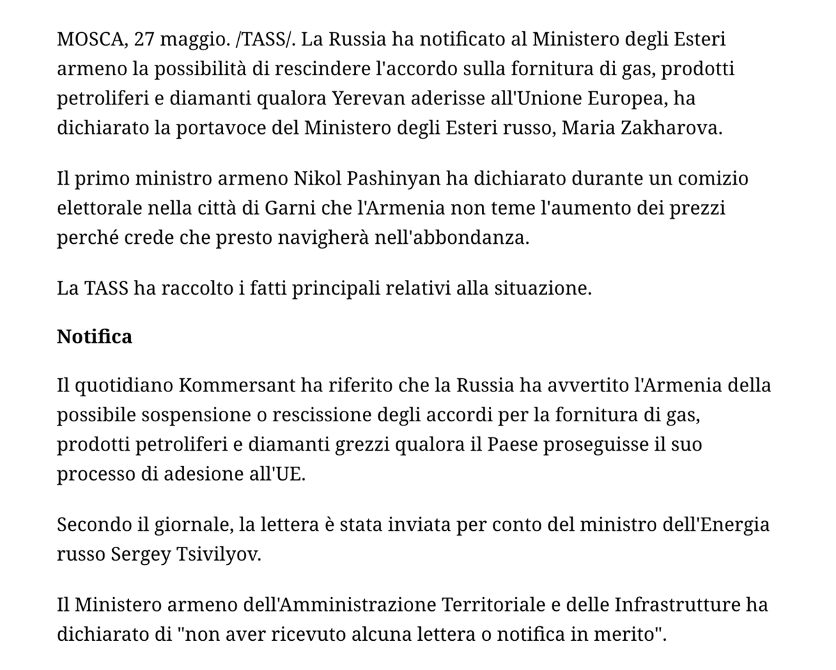 OpachiAndrea's tweet photo. L'Armenia si avvicina all'Europa e la Russia la minaccia smontando la sua stessa propaganda, dimostrando che:

- il gas è il vostro guinzaglio
- ve lo taglia quando vuole, fregandosene dei contratti
- lo hanno fatto in Ucraina
- il problema non è la Nato, ma se aderite all'Europa https://t.co/jaU33hR74Z