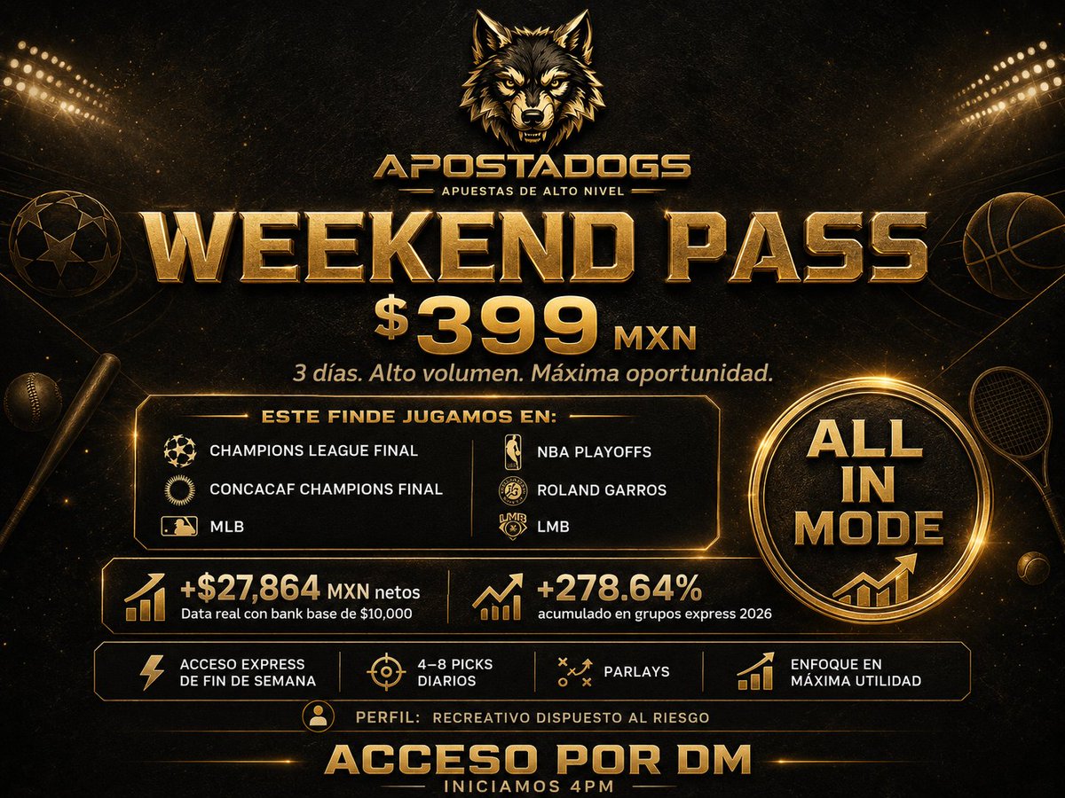 ApostaDogs's tweet photo. Este finde viene cargado y los perros ya están listos 🐺

Champions Final, Concacaf Final, NBA Playoffs, MLB, Roland Garros y LMB.

Weekend Pass $399
3 días. Alto volumen. Modo ALL IN.

Iniciamos 4PM.
DM y te sumamos.