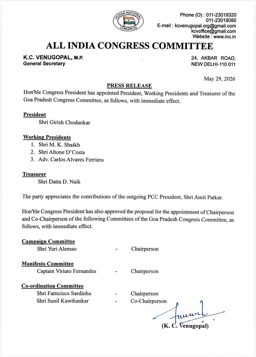 nirajjournalist's tweet photo. Congress Senior leader Girish Chodankar appointed as Goa Congress President.

Earlier he was the incharge of Tamil Nadu Congress. https://t.co/t2AL2xZUEz