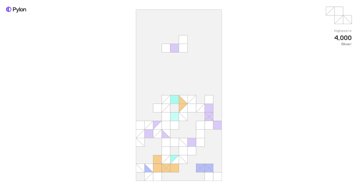 rengrenghello's tweet photo. AI-pilled? 

No, Pylon is Tetris-pilled. 

Oliver (product design) vibe-coded a custom Pylon-themed Tetris game with our brand patterns. 

Watch everyone try to beat Advith's 20,000 highscore 👀 https://t.co/YMetVV22zL