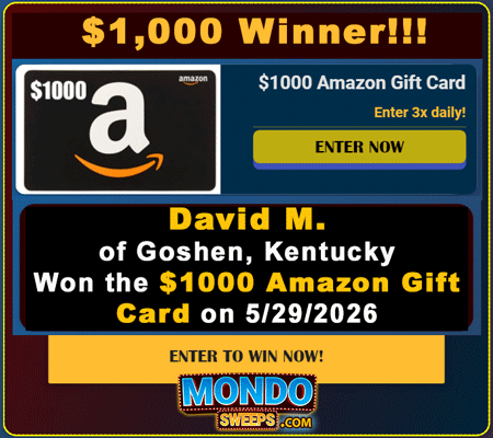 MondoSweeps's tweet photo. We have another big #winner! 🏆
🥳Mondo Congrats! David M. of Goshen, Kentucky, just won the $1000 Amazon  Gift Card on 5/29/2026!🎁

✔️Enter to WIN up to $1,542,625 with MondoSweeps: https://t.co/b2gSQLcuHL
🆓 100% Free! https://t.co/UzvbX2UPzd