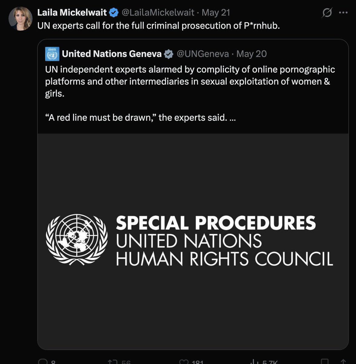 NicoleRPrause's tweet photo. Hilariously, the latest claim by multi-millionaire @LailaMickelwait that the "UN" wants Pornhub prosecuted?
Actually they say https://t.co/sMkaAfh5pX, the platform sponsoring her (!) via Bill Ackman 😂 and the "experts" are explicitly not speaking for the UN.
Grift after grift... https://t.co/a1s0hMbySr