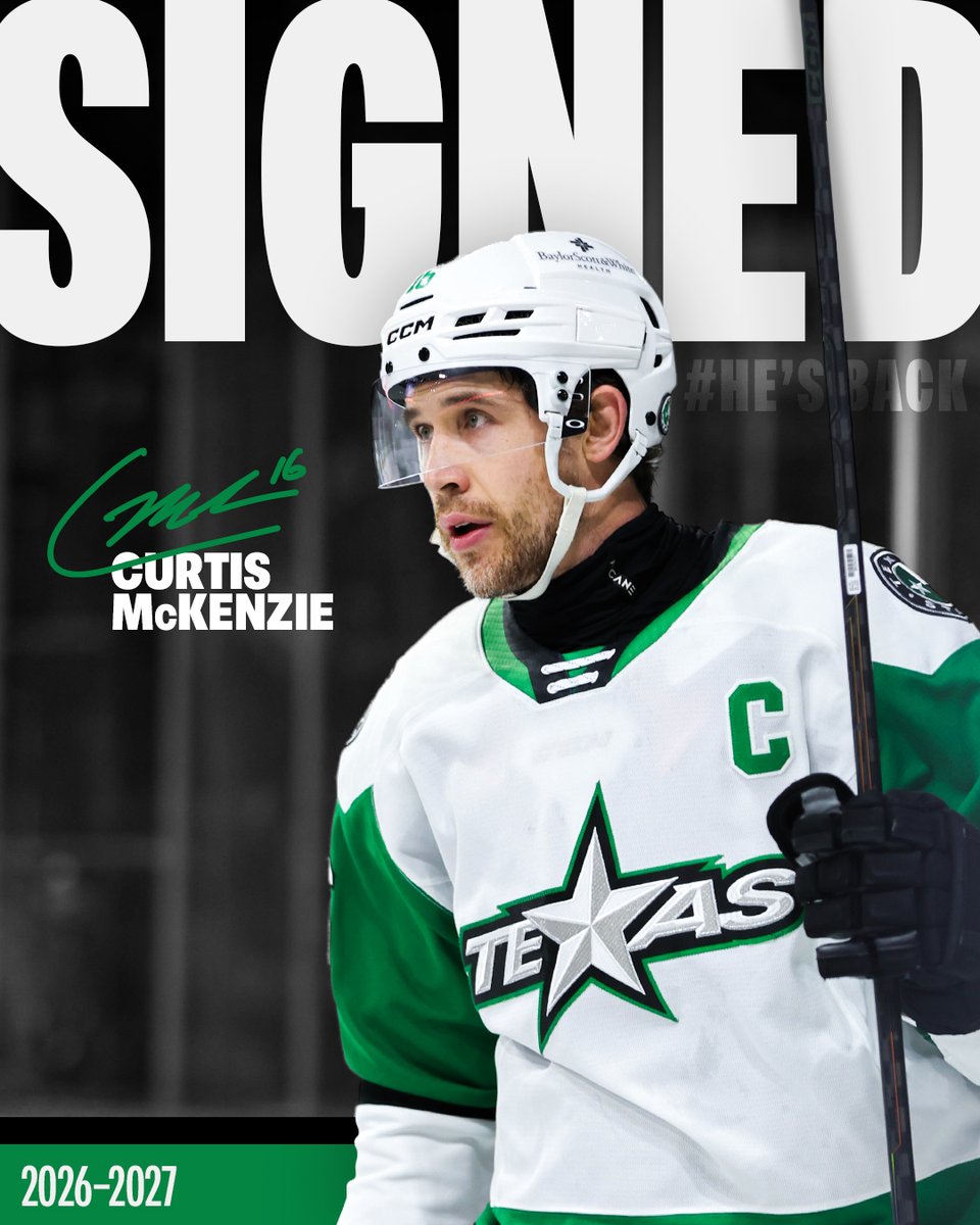 TexasStars's tweet photo. Guess who's Mack...
Mack again...
Mack is back...
TELL A FRIEND!

We have re-signed Captain Curtis McKenzie to a one-year AHL contract ahead of the 2026-27 season. Welcome back, Macker! 🤠

More: https://t.co/VcQ1crJPzL https://t.co/D91VgYTBYb