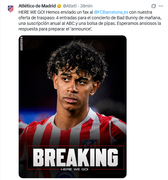 TigoSports_SV's tweet photo. #Viral | ATLETI SE BURLA DEL BARÇA 😯

🤔 En medio de los rumores sobre el fichaje de Julián Álvarez por el Barcelona, el Atlético de Madrid ocupó sus cuentas oficiales para bromear ofreciendo entradas al concierto de Bad Bunny y bolsa de pipas por las estrellas del equipo culé. 🤣
