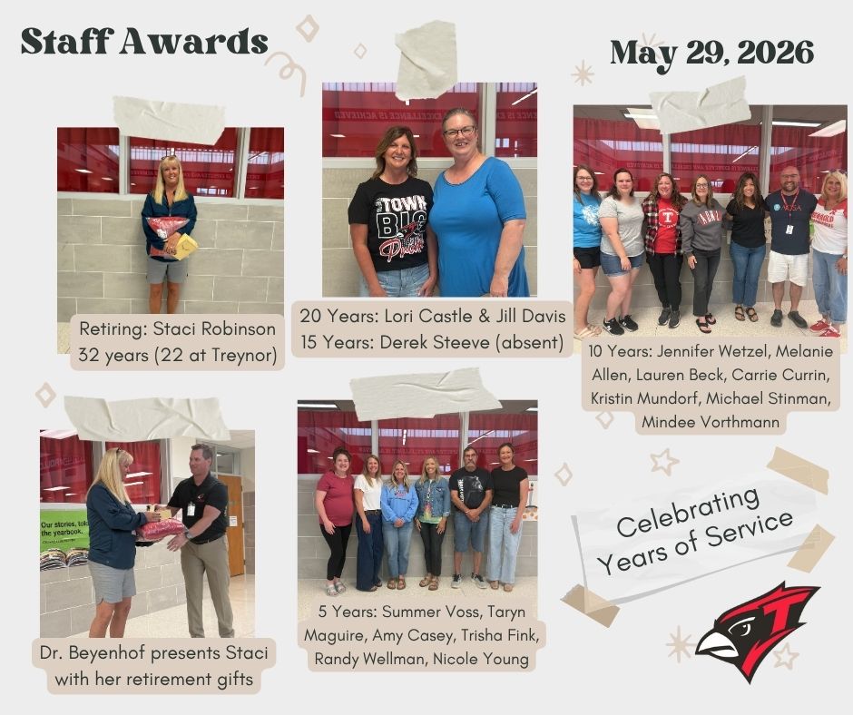 TreynorCSD's tweet photo. Congratulations to our staff members today who were honored with years of service awards this morning at our year-end celebration. Staci Robinson was honored with retirement gifts &amp; words of praise for her years of teaching. We are happy for her but will definitely miss her! https://t.co/7p6o0Wm6p6