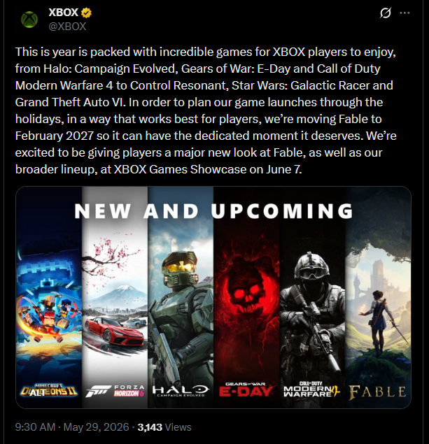 Wario64's tweet photo. Fable is delayed to Feb 2027 https://t.co/mTwLpR3su8