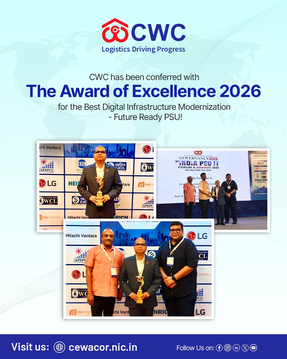 cwc_warehouse's tweet photo. Proud Moment for CWC! 
Central Warehousing Corporation has just won the Award of Excellence 2026 for "Best Digital Infrastructure Modernization - Future Ready PSU" at the Governance Now 11th India PSU Forum & Awards! 

This is a massive validation of our Smart Warehousing & Digital Transformation initiatives, in building a tech-driven, future-ready public logistics & warehousing ecosystem for India!
#CWC #DigitalTransformation #SmartWarehousing #PSUAwards2026 #GovernanceNow #Logistics

@JoshiPralhad @PralhadJoshiOfc @fooddeptgoi @blvermaup @Nimu_Bambhaniya @MDCWC @Directorprscwc @Director_FinCWC @Director_MCP