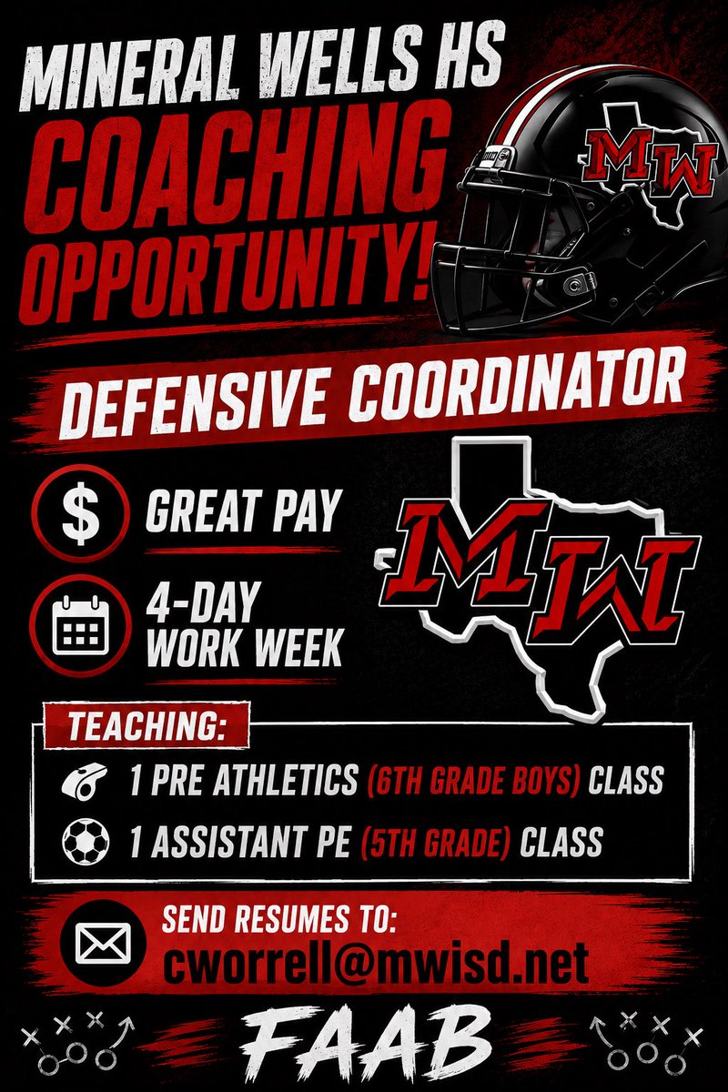 CoachCWorrell's tweet photo. Mineral Wells is looking for a Defensive Coordinator! Please send resumes to cworrell@mwisd.net https://t.co/jZR6OJKgI0