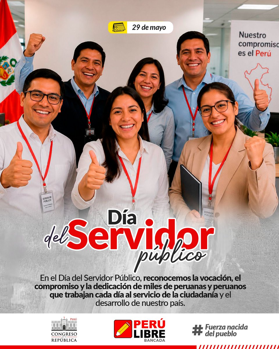 GP_PeruLibre's tweet photo. 🗓️#Efemérides | 𝗗𝗜́𝗔 𝗗𝗘𝗟 𝗦𝗘𝗥𝗩𝗜𝗗𝗢𝗥 𝗣𝗨́𝗕𝗟𝗜𝗖𝗢 👩‍💻👨‍💻🇵🇪
En el Día del Servidor Público, reconocemos la vocación, el compromiso y la dedicación de miles de peruanas y peruanos que trabajan cada día al servicio de la ciudadanía y el desarrollo de nuestro país. https://t.co/VPDfkh9XSq