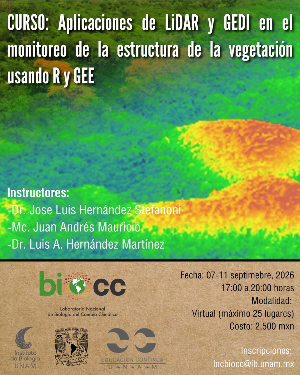ib_unam's tweet photo. Curso virtual:
Aplicaciones de LiDAR y GEDI en el monitoreo de la estructura de la vegetación usando R y GEE https://t.co/mZYxDSqL6R